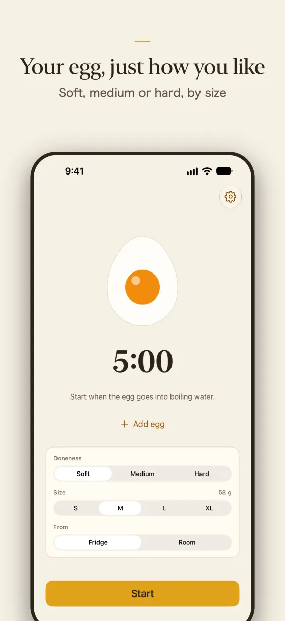 Your egg, just how you like. Soft, medium or hard, by size.