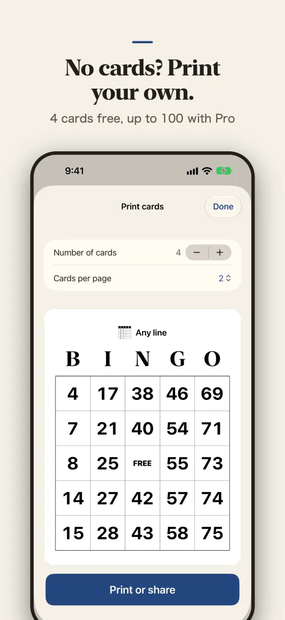 No cards? Print your own. 4 cards free, up to 100 with Pro.