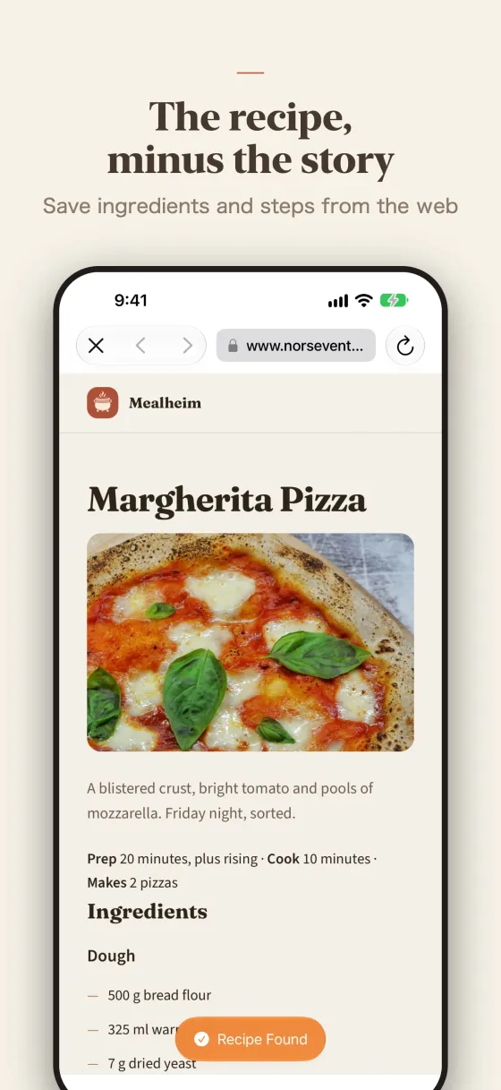 The recipe, minus the story. Save ingredients and steps from the web.