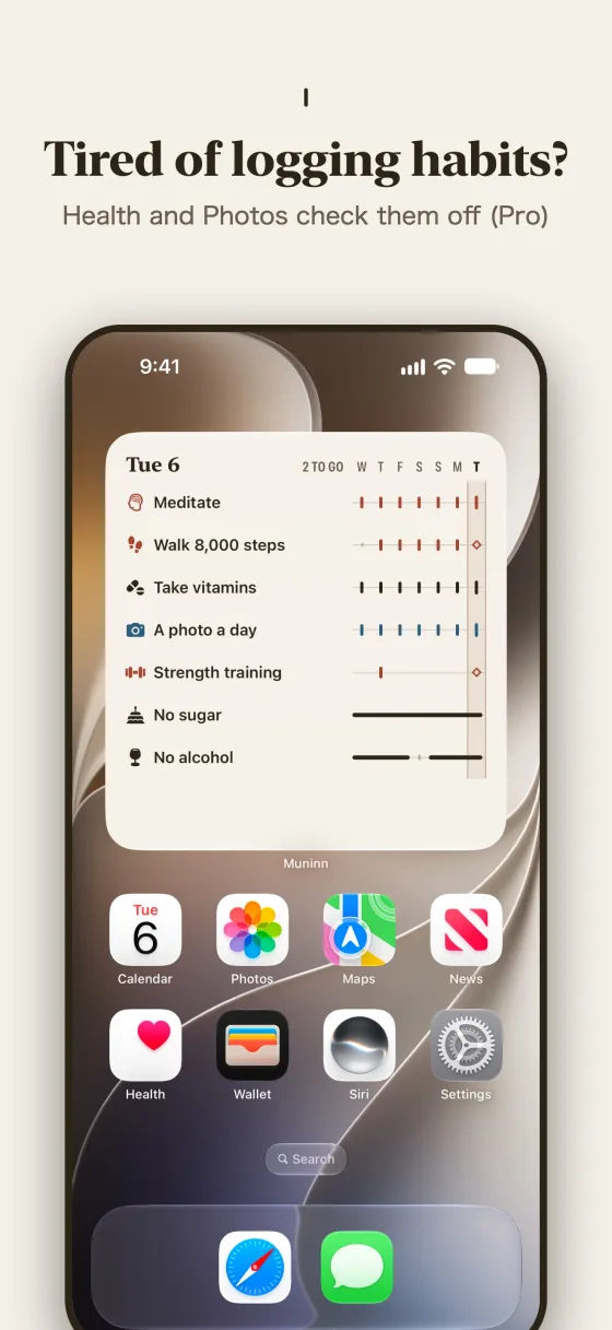 Tired of logging habits? Health and Photos check them off, with Muninn Pro.