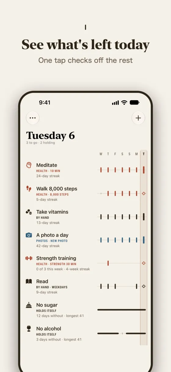 See what's left today. One tap checks off the rest.