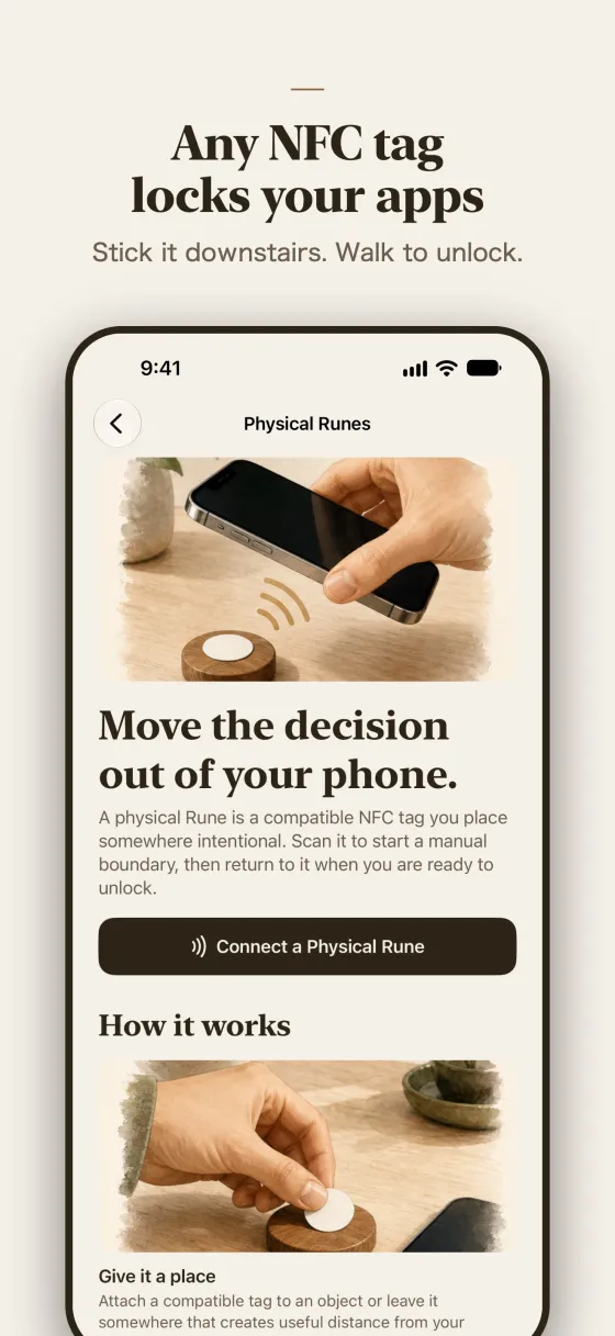 Any NFC tag locks your apps. Stick it downstairs. Walk to unlock.